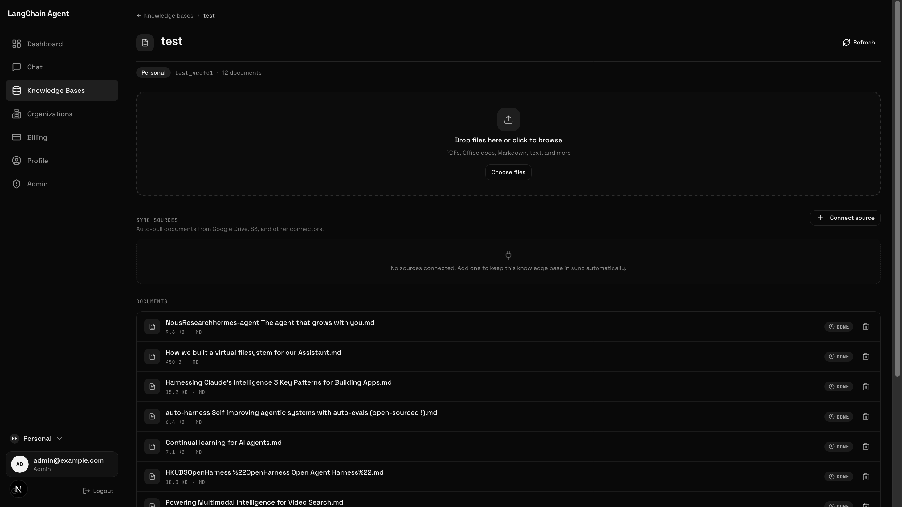 Knowledge base detail with documents and sync sources