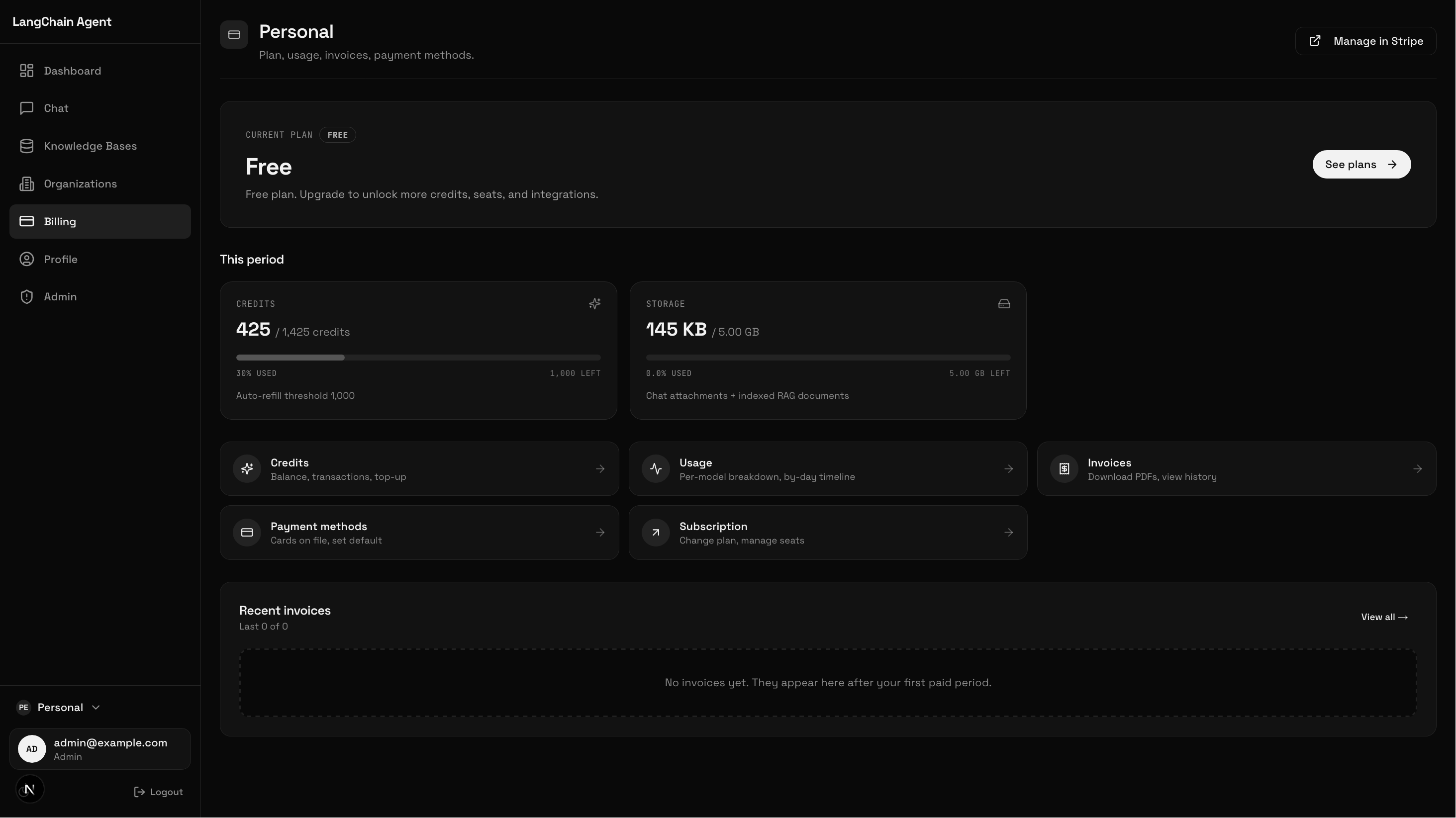 Billing overview with credits and storage panels